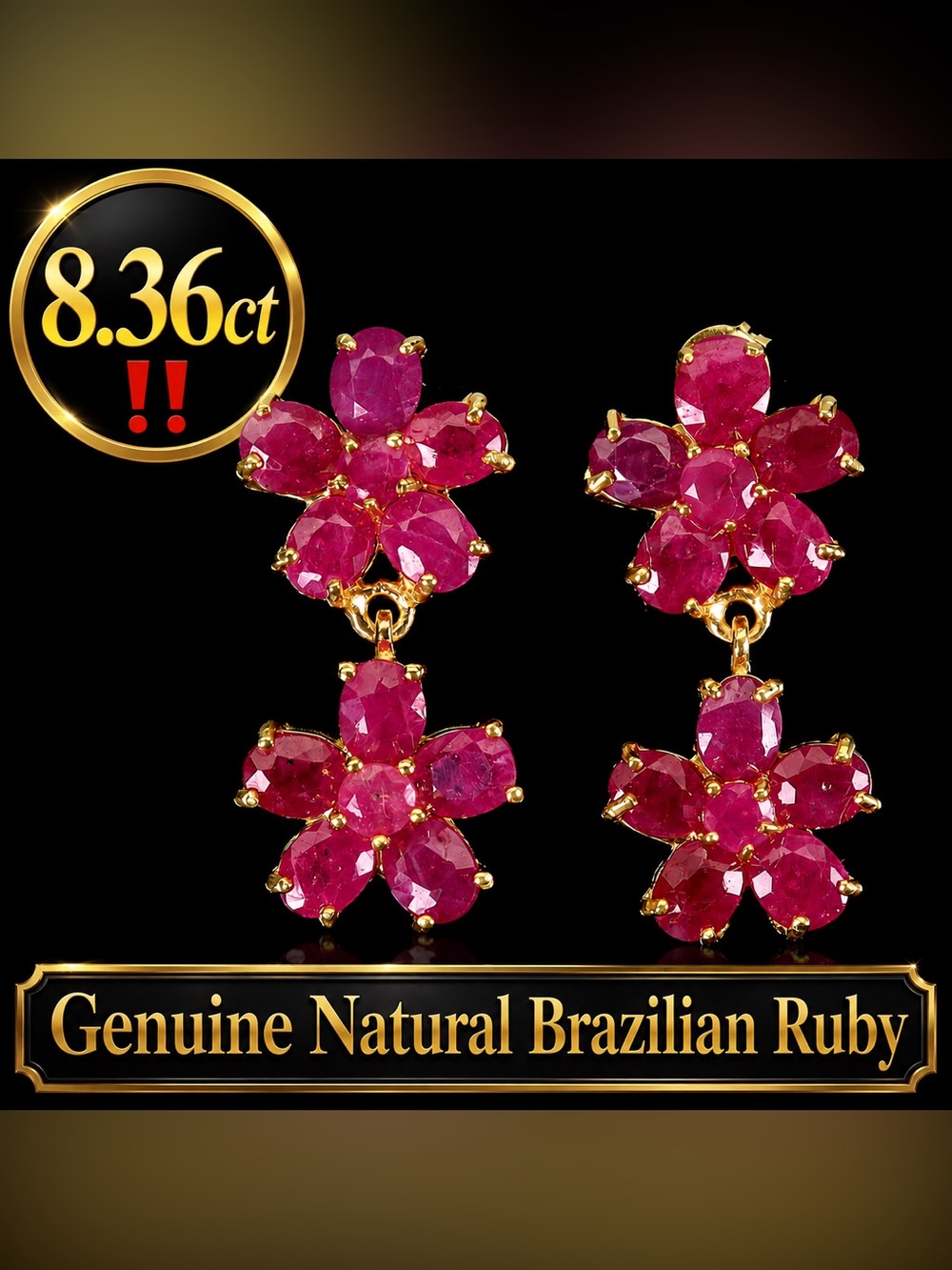 Natural Ruby Earrings 14k Yellow Gold on 925 Sterling. Floral Design